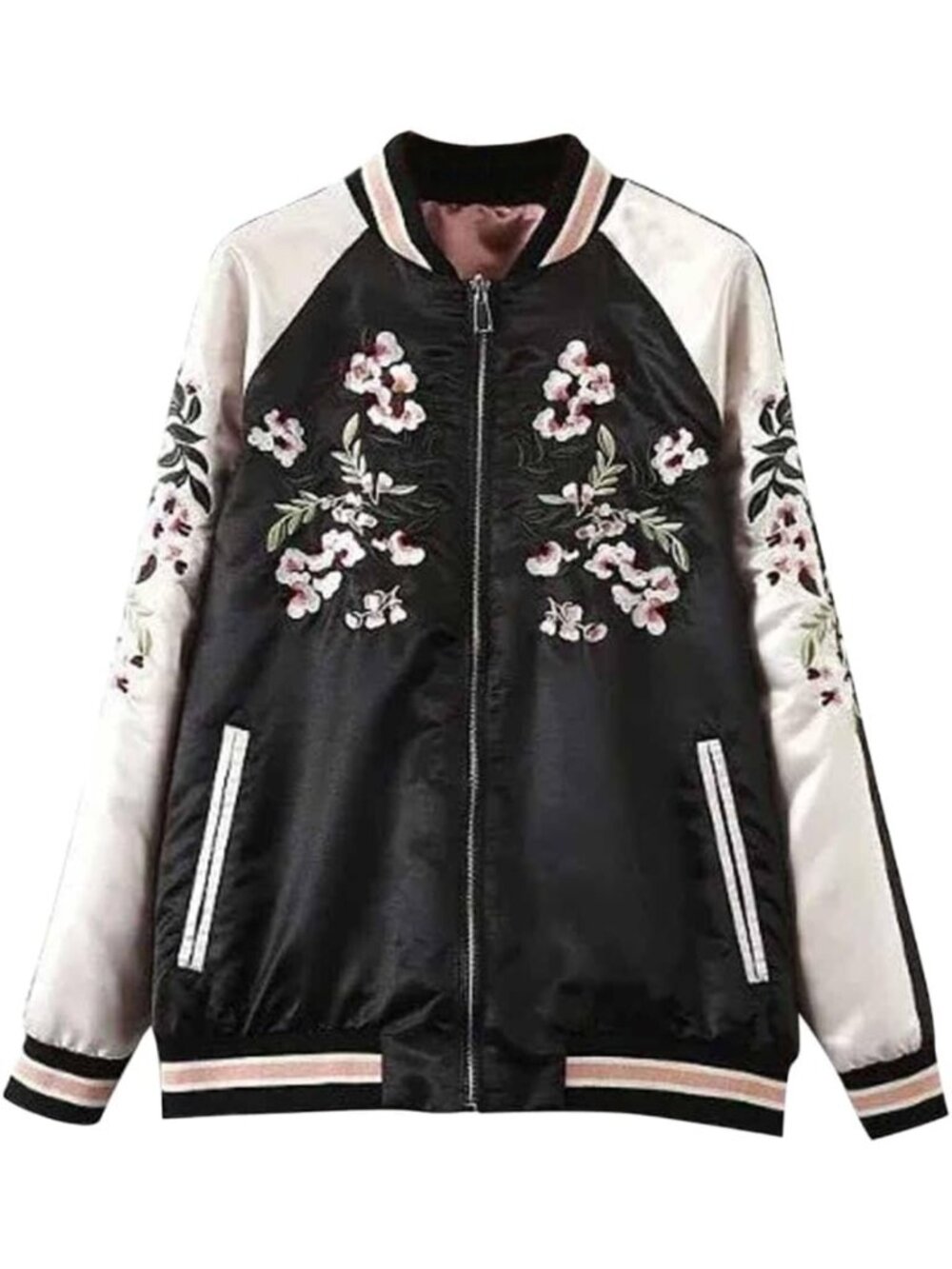 Floral Embroidered Reversible Bomber Jacket - Black & Red, Women's Stylish